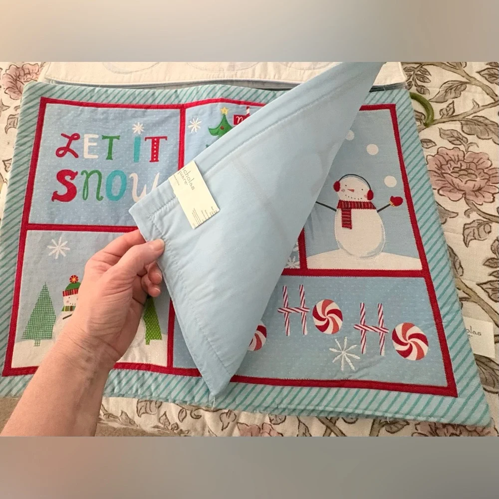 St. Nicholas Square Light Blue 'Let It Snow' Holiday Placemats with Red Trim